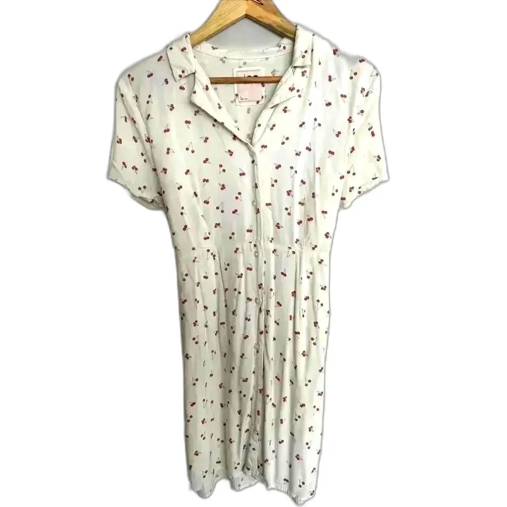 Cherry Print Retro Rockabilly Mini Dress Button Down Tie Back SO Size Large